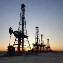 An old-school oil rig, with rustic metal structures, set against a sunset sky casting long shadows. Salient details include pulleys, derricks and pipes.