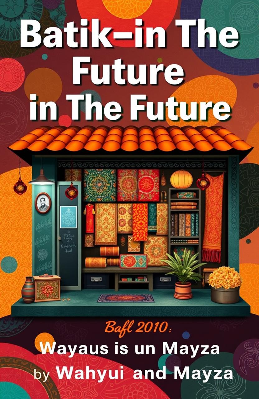 A vibrant and engaging poster cover titled "Batik-in The Future" featuring an artistic design of a traditional batik shop