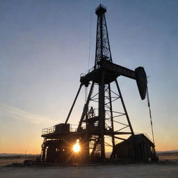 An old-school oil rig, with rustic metal structures, set against a sunset sky casting long shadows. Salient details include pulleys, derricks and pipes.