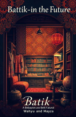A captivating poster cover for a piece titled 'Batik-in The Future', showcasing an artistic representation of an old batik shop