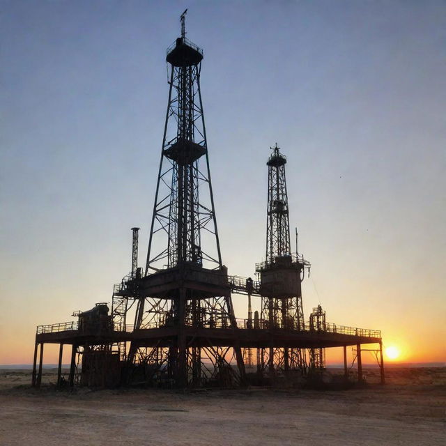 An old-school oil rig, with rustic metal structures, set against a sunset sky casting long shadows. Salient details include pulleys, derricks and pipes.