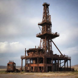 An old, rustic oil rig standing tall and proud, showing signs of heavy use and age. Layers of rust and grime cover the machinery, with a gritty, desolate background.