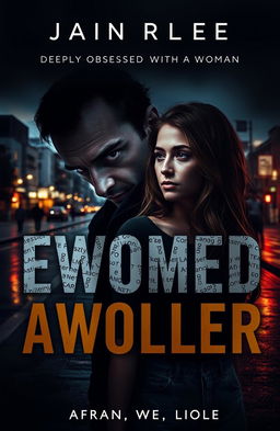 A dark and gripping cover for a psychological thriller novel featuring a man who is deeply obsessed with a woman