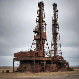 An old, rustic oil rig standing tall and proud, showing signs of heavy use and age. Layers of rust and grime cover the machinery, with a gritty, desolate background.