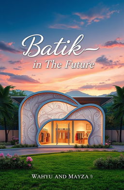 A captivating poster cover titled "Batik-in The Future" featuring a beautifully designed batik store and an aesthetic landscape