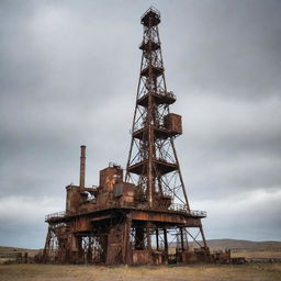 An old, rustic oil rig standing tall and proud, showing signs of heavy use and age. Layers of rust and grime cover the machinery, with a gritty, desolate background.