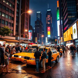 A colorful city street at night bustling with activity, featuring a bright yellow taxi parked at a curb with its lights on, the soft glow illuminating the faces of a diverse group of people waiting for rides