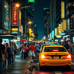 A colorful city street at night bustling with activity, featuring a bright yellow taxi parked at a curb with its lights on, the soft glow illuminating the faces of a diverse group of people waiting for rides