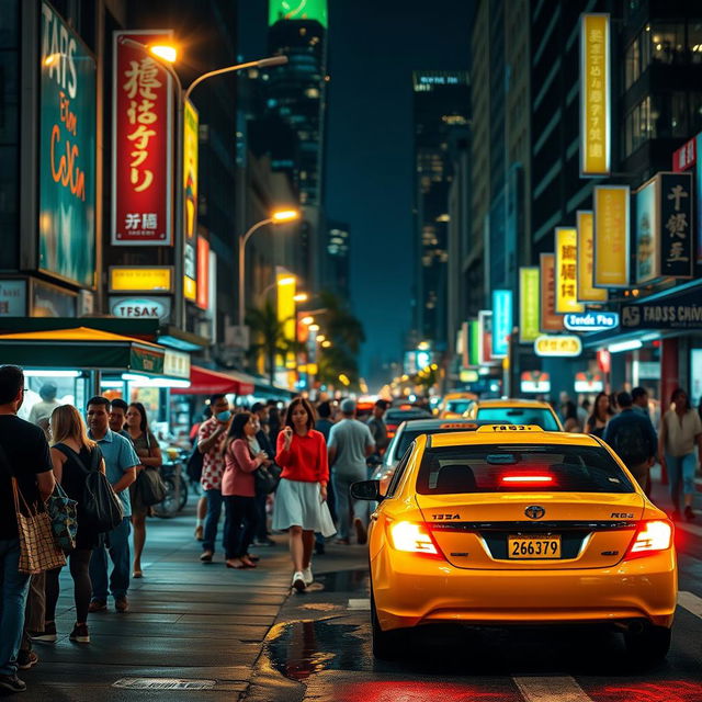 A colorful city street at night bustling with activity, featuring a bright yellow taxi parked at a curb with its lights on, the soft glow illuminating the faces of a diverse group of people waiting for rides