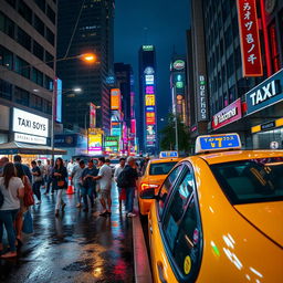 A colorful city street at night bustling with activity, featuring a bright yellow taxi parked at a curb with its lights on, the soft glow illuminating the faces of a diverse group of people waiting for rides