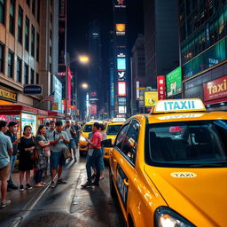 A colorful city street at night bustling with activity, featuring a bright yellow taxi parked at a curb with its lights on, the soft glow illuminating the faces of a diverse group of people waiting for rides