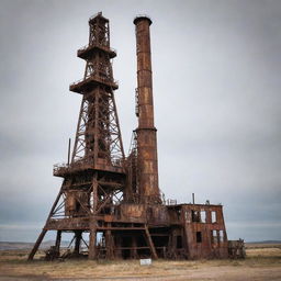 An old, rustic oil rig standing tall and proud, showing signs of heavy use and age. Layers of rust and grime cover the machinery, with a gritty, desolate background.