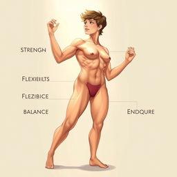 A beautiful and detailed illustration of a human body, showcasing the five prominent traits: strength, flexibility, balance, symmetry, and endurance