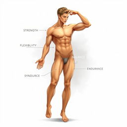 A beautiful and detailed illustration of a human body, showcasing the five prominent traits: strength, flexibility, balance, symmetry, and endurance