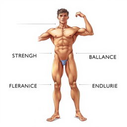 A beautiful and detailed illustration of a human body, showcasing the five prominent traits: strength, flexibility, balance, symmetry, and endurance