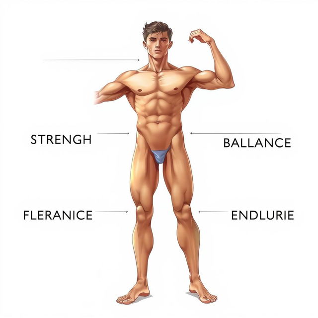 A beautiful and detailed illustration of a human body, showcasing the five prominent traits: strength, flexibility, balance, symmetry, and endurance