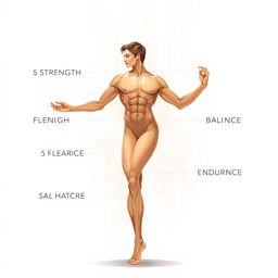 A beautiful and detailed illustration of a human body, showcasing the five prominent traits: strength, flexibility, balance, symmetry, and endurance