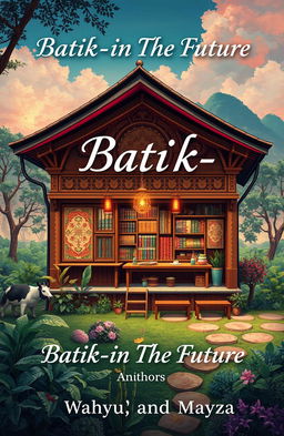 A captivating poster cover titled 'Batik-in The Future', featuring an artistic depiction of an old batik shop, embellished with traditional batik patterns and designs