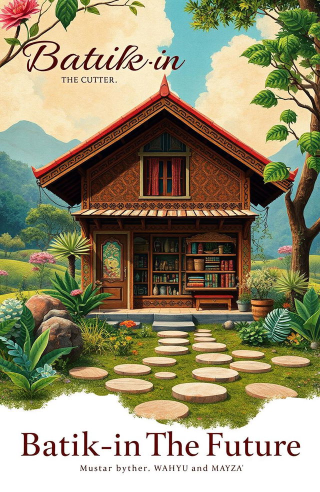 A captivating poster cover titled 'Batik-in The Future', featuring an artistic depiction of an old batik shop, embellished with traditional batik patterns and designs