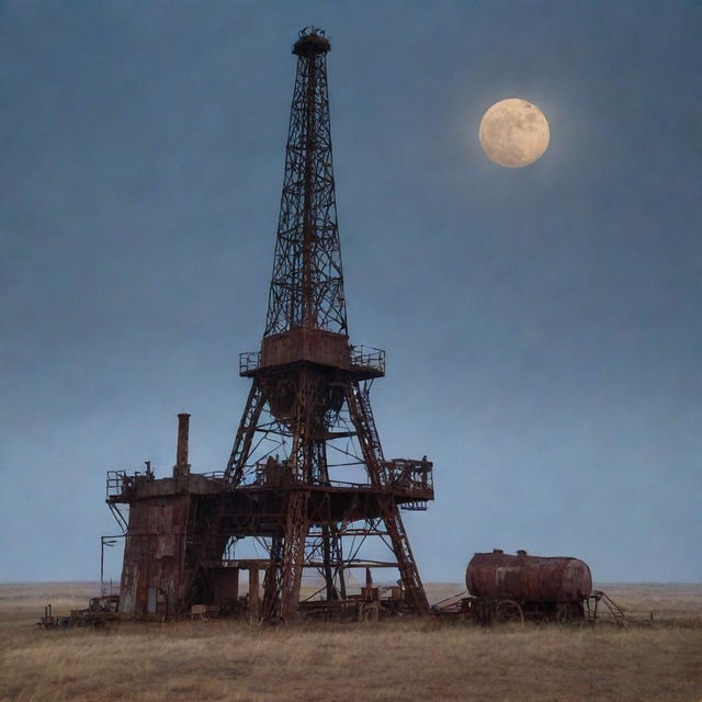 An old, rustic oil rig set against an eerie background featuring misty shadows and a moonlit night. The weathered, rusted structure creates a haunting juxtaposition to the ethereal backdrop.