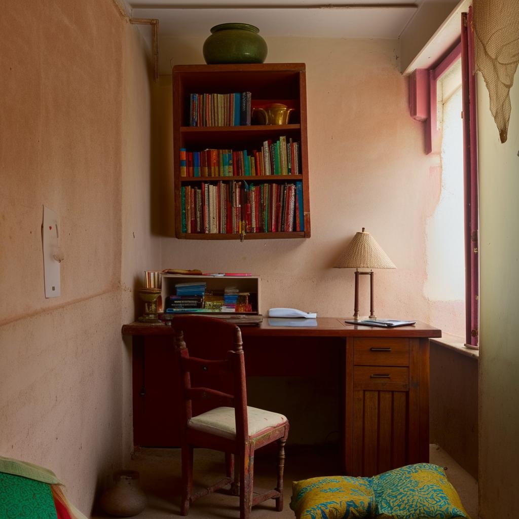 Small, intimate room with three small cupboards, a large almirah, a single study table, and a long mirror.