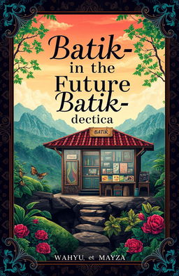 A captivating poster cover titled 'Batik-in The Future', featuring an artistic depiction of an old batik shop, embellished with traditional batik patterns and designs