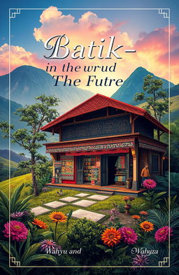 A captivating poster cover titled 'Batik-in The Future', featuring an artistic depiction of an old batik shop, embellished with traditional batik patterns and designs