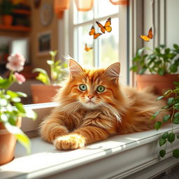 A fluffy and playful ginger cat lying on a sunny windowsill, with soft sunlight streaming through the window