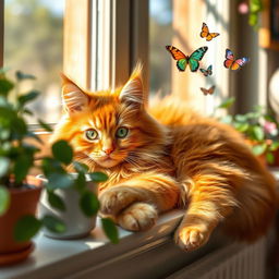 A fluffy and playful ginger cat lying on a sunny windowsill, with soft sunlight streaming through the window