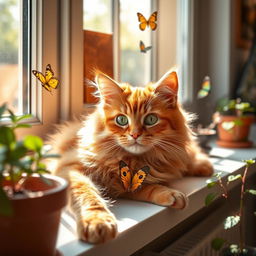 A fluffy and playful ginger cat lying on a sunny windowsill, with soft sunlight streaming through the window