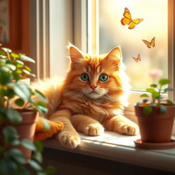 A fluffy and playful ginger cat lying on a sunny windowsill, with soft sunlight streaming through the window