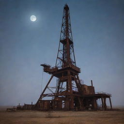 An old, rustic oil rig set against an eerie background featuring misty shadows and a moonlit night. The weathered, rusted structure creates a haunting juxtaposition to the ethereal backdrop.