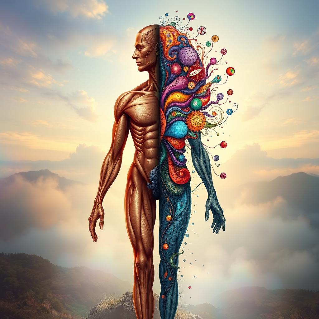 An artistic interpretation of the connection between the body and the mind, featuring a human figure that is split in half