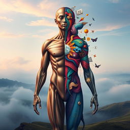 An artistic interpretation of the connection between the body and the mind, featuring a human figure that is split in half