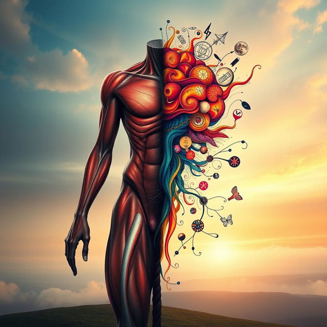 An artistic interpretation of the connection between the body and the mind, featuring a human figure that is split in half