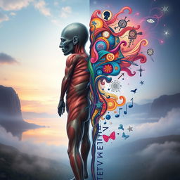 An artistic interpretation of the connection between the body and the mind, featuring a human figure that is split in half