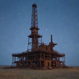 An old, rustic oil rig set against an eerie background featuring misty shadows and a moonlit night. The weathered, rusted structure creates a haunting juxtaposition to the ethereal backdrop.