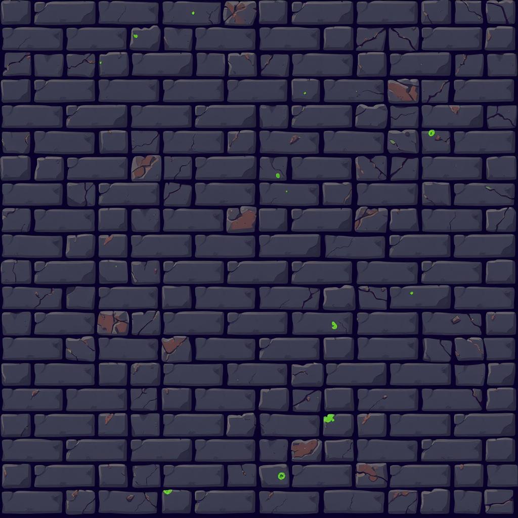 A pixel art square seamless tile design depicting a stone wall of a dungeon, featuring a grid of small, blocky stones in various colors