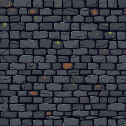 A pixel art square seamless tile design depicting a stone wall of a dungeon, featuring a grid of small, blocky stones in various colors