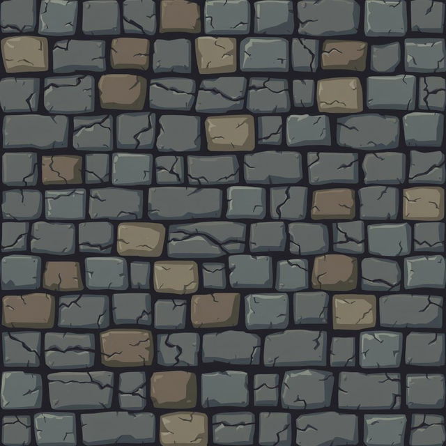 A pixel art square seamless tile design depicting a stone wall of a dungeon, featuring a grid of small, blocky stones in various colors