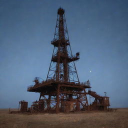 An old, rustic oil rig set against an eerie background featuring misty shadows and a moonlit night. The weathered, rusted structure creates a haunting juxtaposition to the ethereal backdrop.