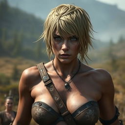 A female human barbarian with short, unkempt hair, showing signs of dirt and grime, giving her a rugged and fierce appearance