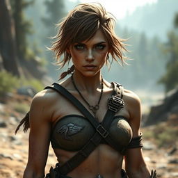 A female human barbarian with short, unkempt hair, showing signs of dirt and grime, giving her a rugged and fierce appearance