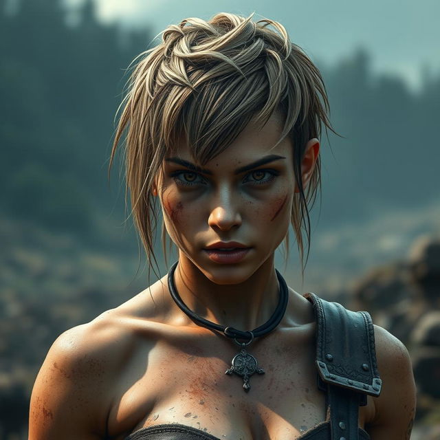 A female human barbarian with short, unkempt hair, showing signs of dirt and grime, giving her a rugged and fierce appearance