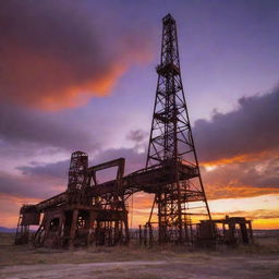 An old, rustic oil rig set against an uncanny sunset background. The rig, covered in rust and wear, dramatically contrasts with the vibrant oranges, purples, and reds of the eerie sunset.