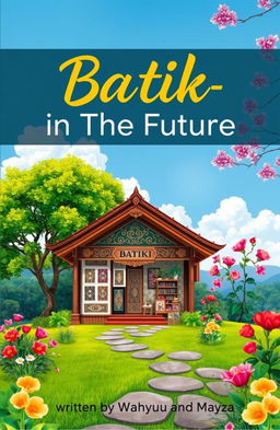 A poster cover titled 'Batik-in The Future', featuring a beautifully designed traditional batik shop set against an aesthetically pleasing landscape
