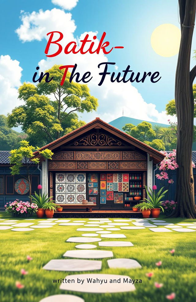 A poster cover titled 'Batik-in The Future', featuring a beautifully designed traditional batik shop set against an aesthetically pleasing landscape