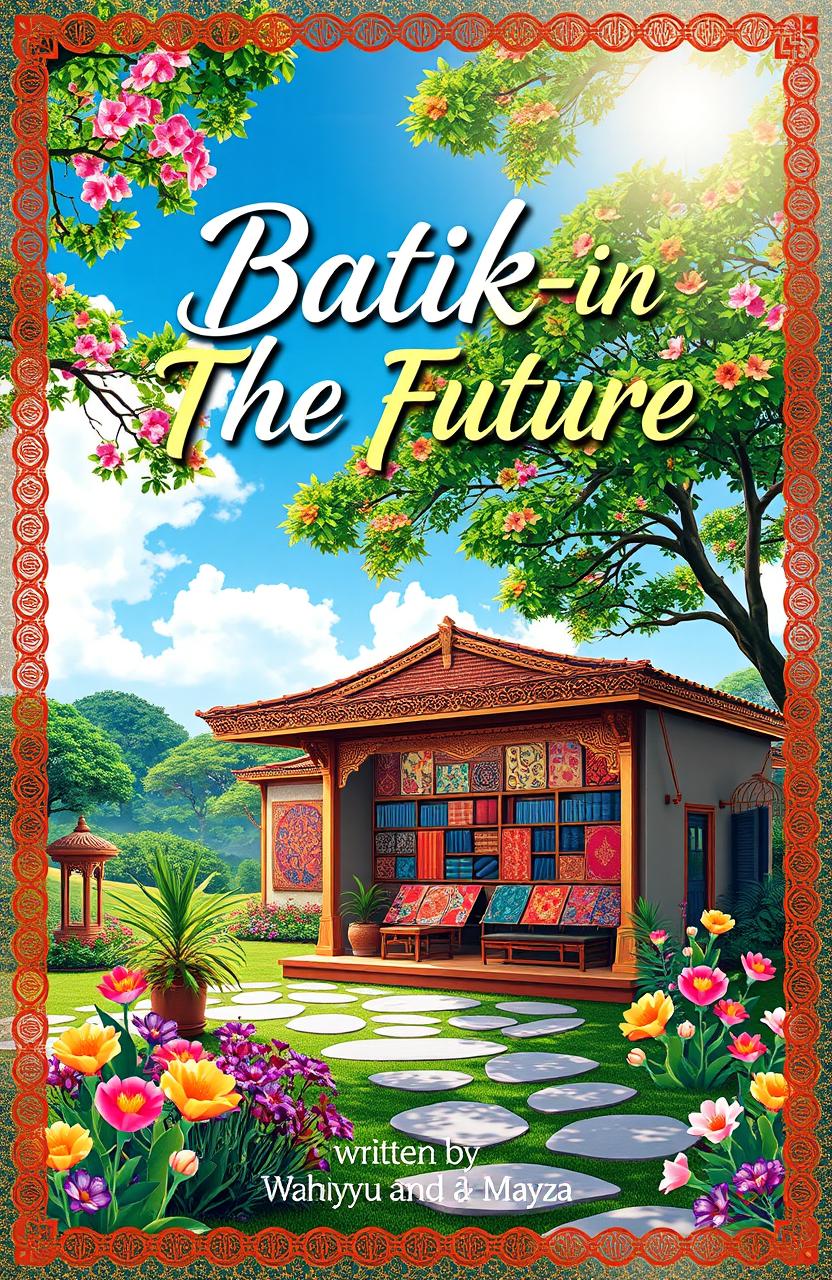 A poster cover titled 'Batik-in The Future', featuring a beautifully designed traditional batik shop set against an aesthetically pleasing landscape