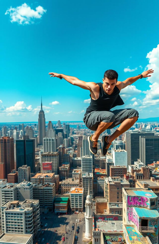 A dynamic action shot of a daring parkour athlete leaping across rooftops in a sprawling urban landscape