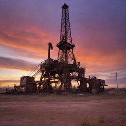 An old, rustic oil rig set against an uncanny sunset background. The rig, covered in rust and wear, dramatically contrasts with the vibrant oranges, purples, and reds of the eerie sunset.